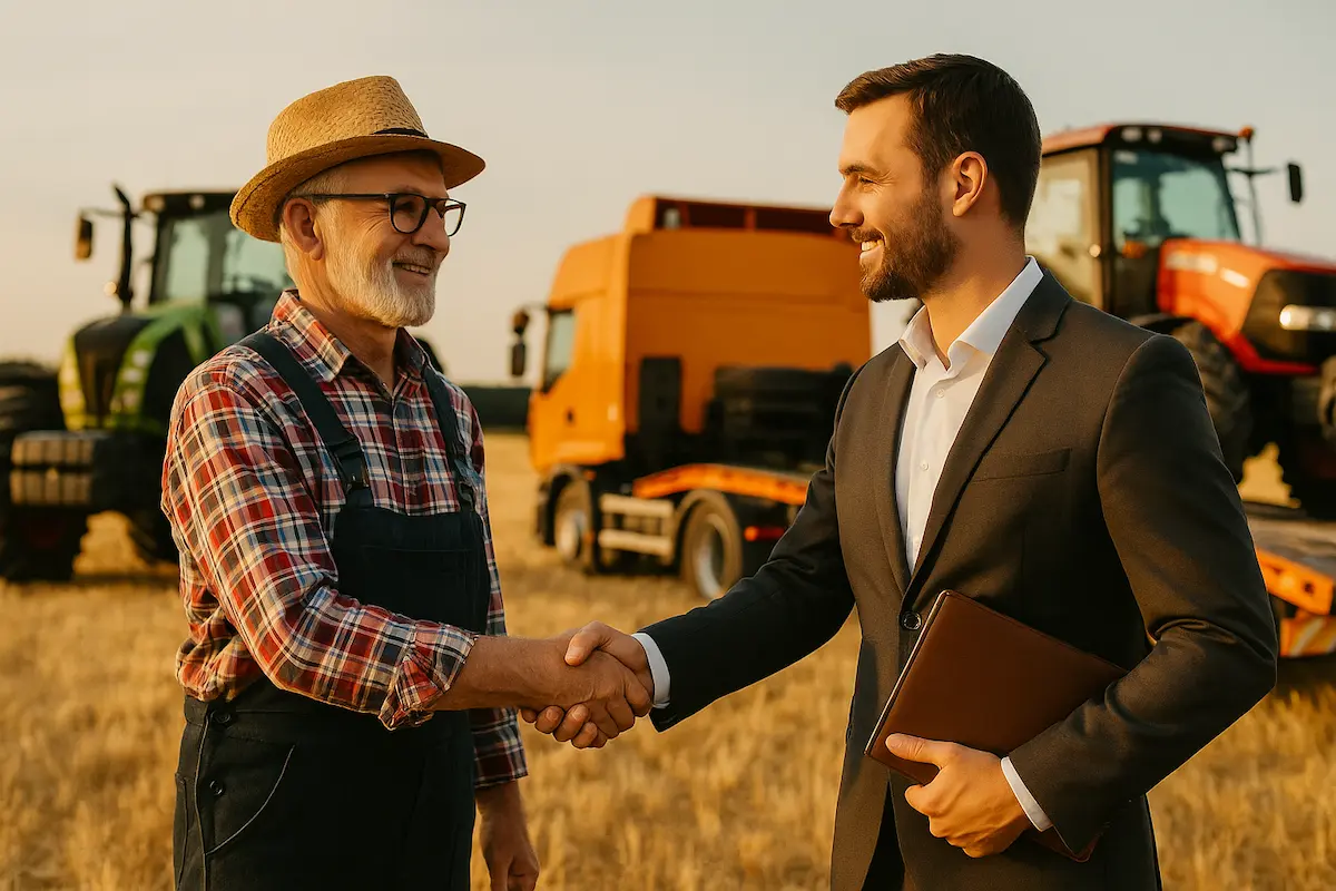 Fermier și consultant în vânzare tractoare second hand dând mâna pentru parteneriat de încredere
