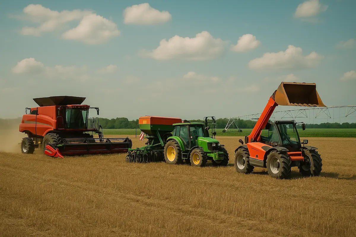 Combină agricolă, tractor second hand și încărcător telescopic lucrând împreună pe câmp cultivat