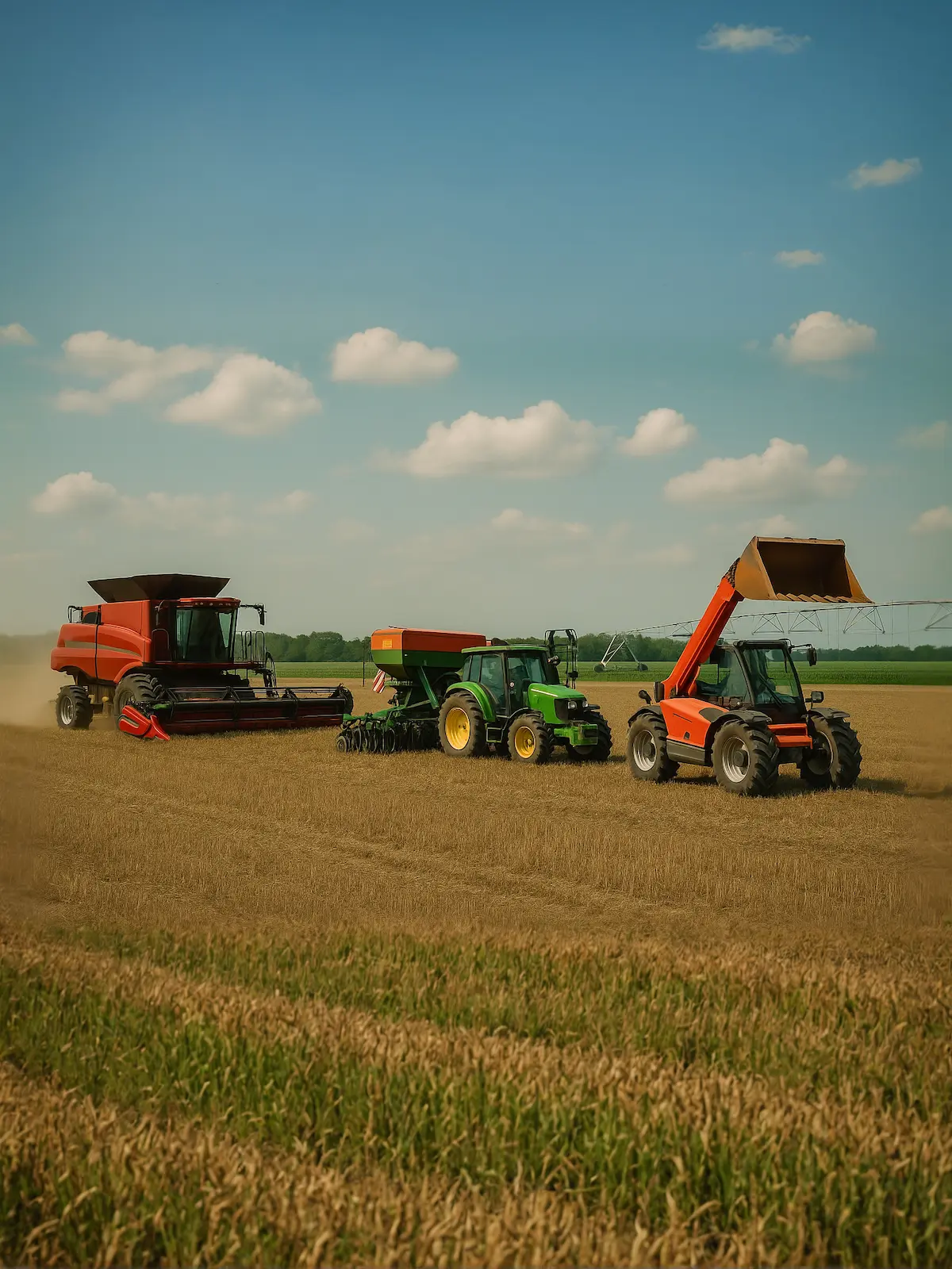 Combină cereale, tractor second hand și încărcător frontal lucrând împreună pe câmp cultivat